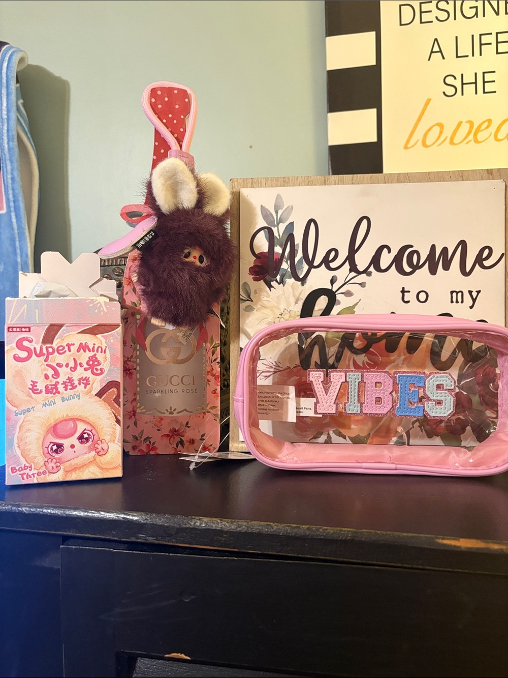 Baby Three Pink Plush Bunny Keychain Bag Charm with “J” & make up bag
